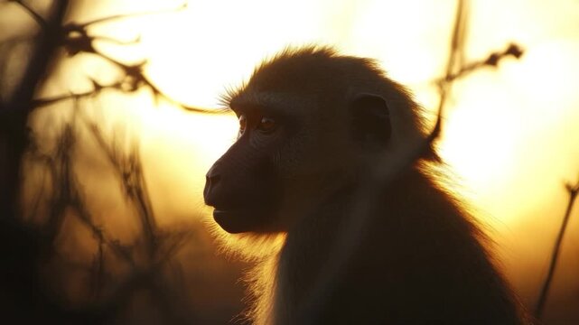 A monkey silhouetted by the sunset, its profile defined with soft light and branches in the foreground
