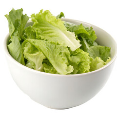 White bowl filled with fresh green lettuce isolated on transparent background
