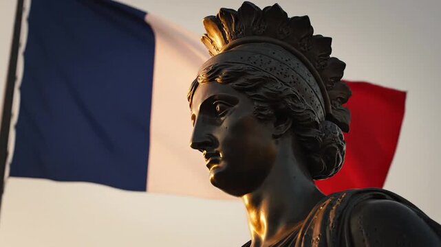 Cinematic close-up of the iconic Marianne sculpture representing the French Republic with a tricolor national flag waving gracefully in the background, symbol of liberty and revolution.