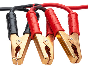 Close-up of three heavy-duty car battery jumper cable clamps