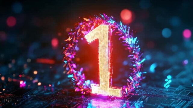 Futuristic neon number animation on digital circuit board with vibrant colors