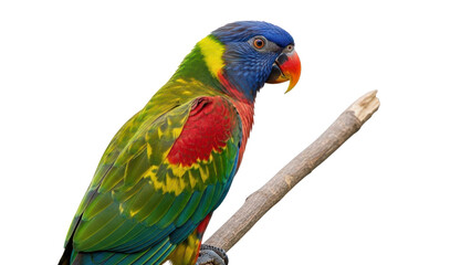 Naklejka premium Rainbow lorikeet parrot perched on a wooden branch, colorful tropical bird with vibrant plumage, exotic wildlife isolated on white background