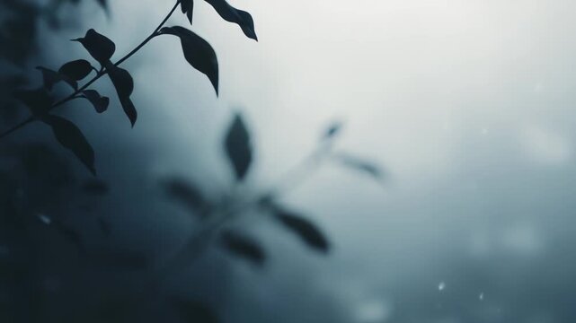 Plant branch showing silhouetted leaves against a soft, diffuse background with a gentle glow and bokeh effects, creating a tranquil and mysterious natural scene