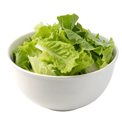 White bowl filled with fresh green lettuce isolated on transparent background