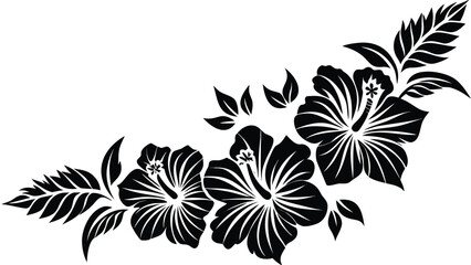 Obraz premium Stylized black hibiscus flowers with leaves on white background abstract floral design element
