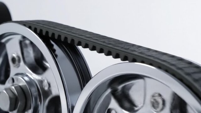 Cinematic slow motion studio shot of an industrial black rubber engine timing belt rotating against a pristine white background, showcasing mechanical teeth texture for automotive repair.