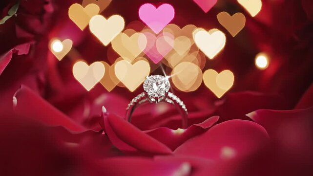 Sparkling diamond engagement ring on soft red rose petals with heart bokeh lights for Valentine\'s love