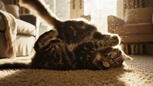 Cinematic slow motion video of a playful ginger kitten pouncing on its sibling, engaging in an adorable wrestling match on a soft indoor rug, capturing feline innocence and youthful energy.