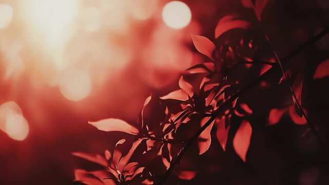 Deep red autumn leaves form a dreamy, abstract background, glowing in warm sunlight with soft bokeh and delicate texture, evoking tranquil seasonal warmth and serenity