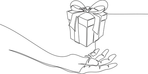 Continuous One Line Drawing of a Hand and Gift Box eps10