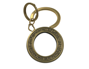 Ornate golden keychain with Greek key pattern on circular charm