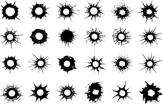 Bullet Holes Impact Marks Bundle, Black and White Gunshot Damage Set With Cracks and Splatter for Design and Effects
