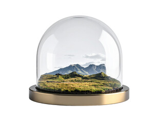 Miniature landscape with mountains under a glass dome on a gold base