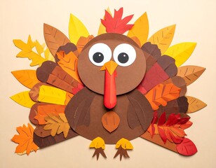 A handmade paper turkey with colorful autumn leaf feathers and googly eyes. It's a Thanksgiving craft