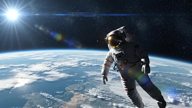Astronaut floating in space with Earth and sun in background