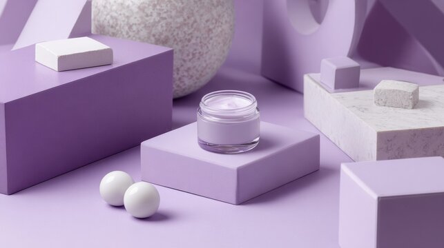 Lavender toned cosmetic products on pastel geometric blocks in modern beauty flatlay with soft clean background