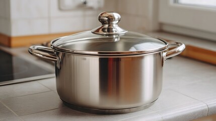 A shiny stainless steel cooking pot with a transparent glass lid rests on a clean kitchen countertop implying meal prepa n is underway