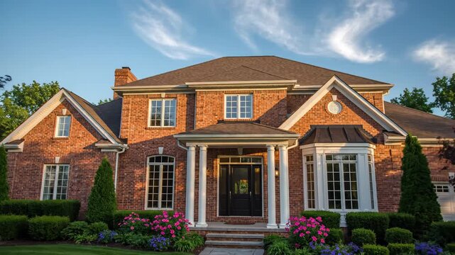 A large brick house with a garden and flowers on a sunny day