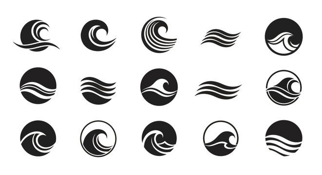 Collection of stylized wave icons in minimalist black and white design displaying fluid movement