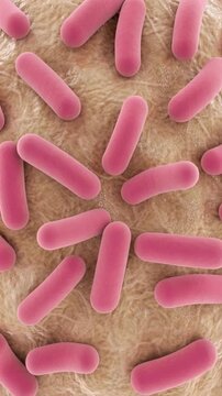 Microscopic view of pink rod-shaped bacilli bacteria on a textured organic surface. 3D animation of microbes for science and medical research. Microbiology and infection concept