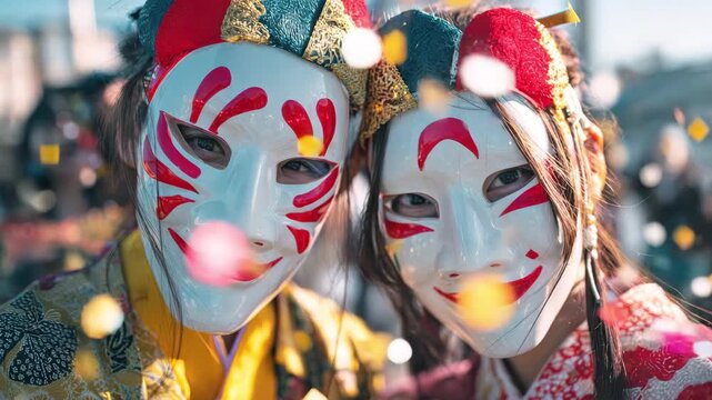 Two young women wearing traditional masks and kimonos stand on a busy Japanese street during a cultural festival celebration on a sunny day. Street decorations and confetti