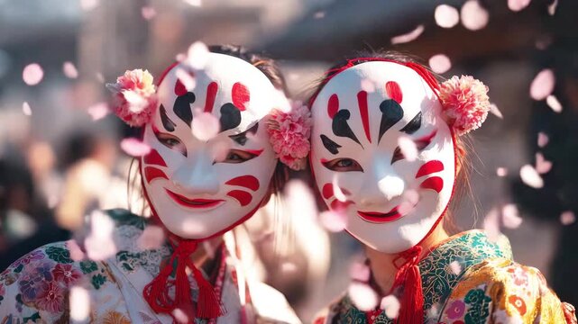 Two young women wearing traditional masks and kimonos stand on a busy Japanese street during a cultural festival celebration on a sunny day. Street decorations and confetti