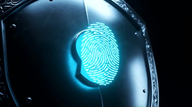 Glowing blue fingerprint on shield.