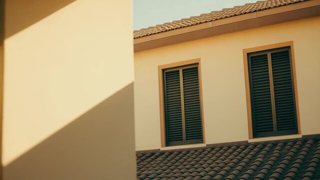 Square ceiling light casts warm glow inside a modern open space, contrasting with clear blue sky and tiled house roof visible through a large architectural opening