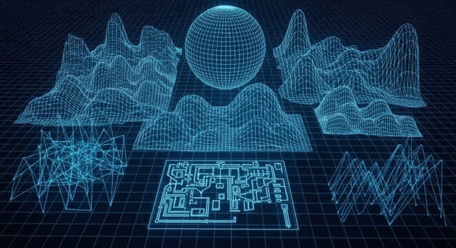 Conceptual blueprint with topographical data and schematics showcasing abstract digital landscape