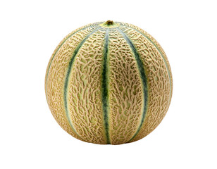 Fototapeta premium A ripe cantaloupe with a netted rind sits isolated on a black background