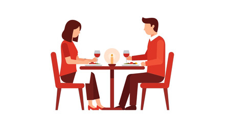 Fototapeta premium Flat Vector Illustration of a Romantic Couple Having a Candlelight Dinner Date with Wine