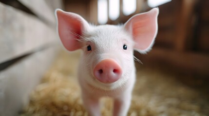 Fototapeta premium A close up portrait of a very young pink piglet with prominent ears and bright eyes looking curiously at the viewer in a rustic barn setting with straw on the floor