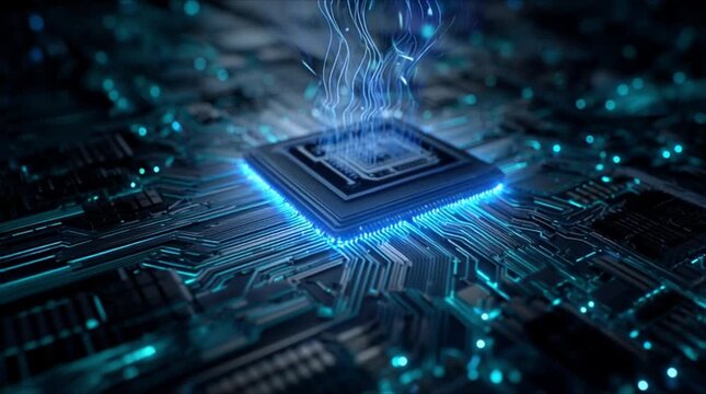 Powerful AI microprocessor with glowing blue neon energy lines and intricate digital circuits (AI Generated)