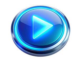 A glossy, illuminated blue play button with a metallic border