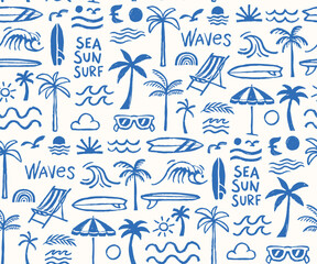 Obraz premium Summer beach seamless pattern with waves, palm trees, surfboards, sun, sunglasses, umbrellas, and seaside elements in playful blue hand drawn style.
