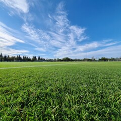 Fototapeta premium Sunny day on pristine grass soccer field with blue sky and clouds