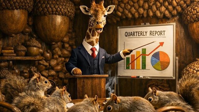 Giraffe in business suit presenting quarterly report with chart in rustic office