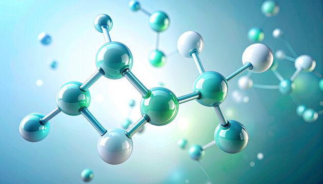 美容成分の分子構造イメージ 青と緑の3D分子 先端科学 スキンケア 化粧品研究 背景素材 / Molecular structure of beauty ingredients blue and green 3D molecules advanced science skincare cosmetic research background
