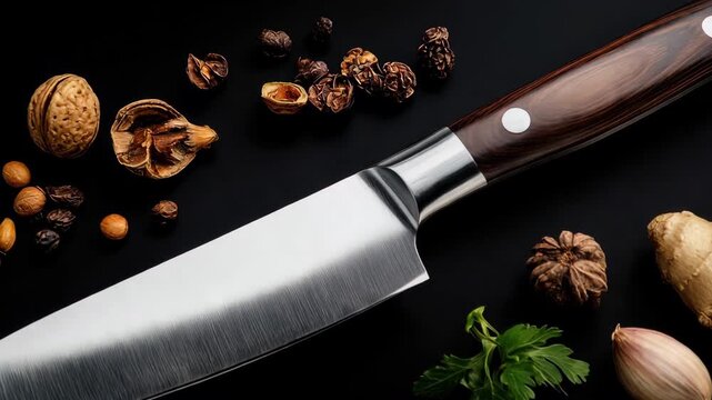 Slow push-in across chef knife on black surface with walnuts peppercorns ginger and herbs