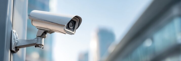 Outdoor security camera mounted on building in urban environment