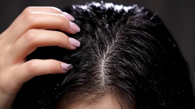 Close-up view of hands parting black hair