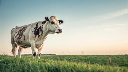 Peaceful Brown and White Cow Standing Gracefully on Green Grass Under Clear Blue Sky at Sunset