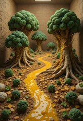 broccoli trees forest with cheese river landscape conceptual art