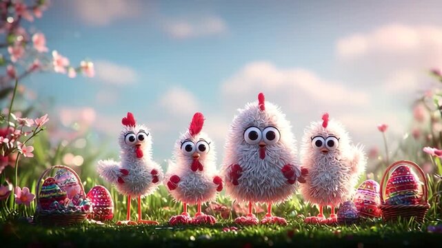 A family of chicks dancing among colorful spring flowers and red and white Easter eggs, in an animated scene perfect for greeting cards, festive events, and joyful Easter celebrations.