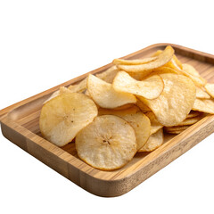 Cassava chips on wooden tray isolated on transparent background