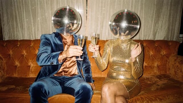 Couple with disco ball heads celebrating on a vintage sofa. Man and woman in formal attire toasting with champagne. Surreal party and nightlife concept. Festive holiday celebration