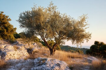 Fototapeta premium Scenic olive tree on rocky terrain at sunset