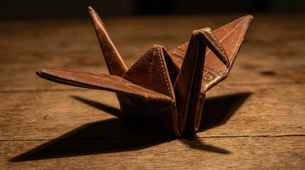 Obraz premium Detailed leather origami crane sculpture casting shadows on wooden surface