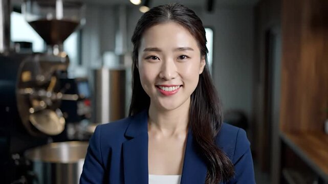 Smiling Asian woman in a blue blazer. Coffee roaster in background. Modern interior