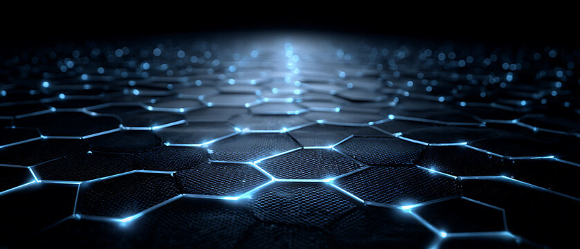 Futuristic hexagon network, glowing blue grid, carbon nanotechnology surface, abstract digital background, cyber energy pattern, dark sci fi texture, modern technology concept